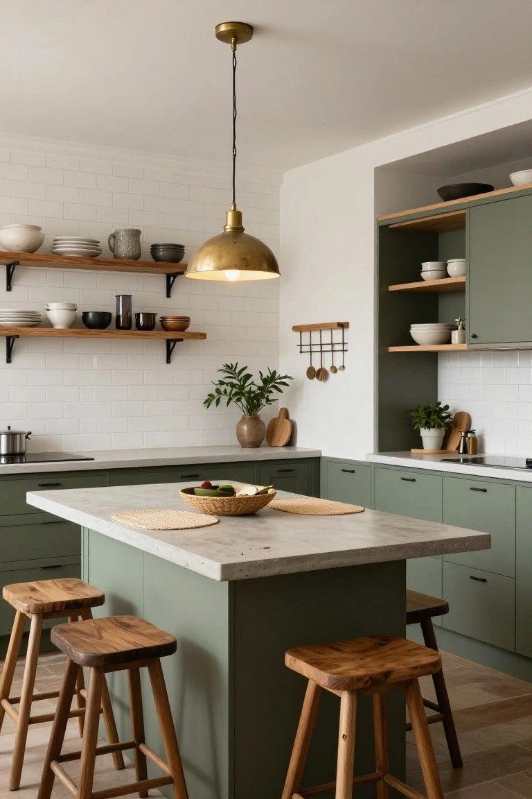 Modern kitchen with sage green lower cabinets, white subway tile backsplash, open wooden shelves holding pottery and bowls, brass pendant light over concrete island with four wooden bar stools, and green plants on counters and shelves.