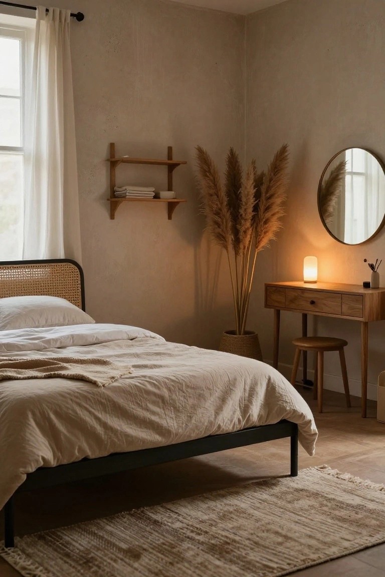 Bedroom corner showing a bed with black metal frame and rattan headboard draped in white and beige linens, wooden desk with lamp and stool, tall pampas grass in basket, round mirror on beige wall, wooden shelf with towels, and woven rug on wood floor.