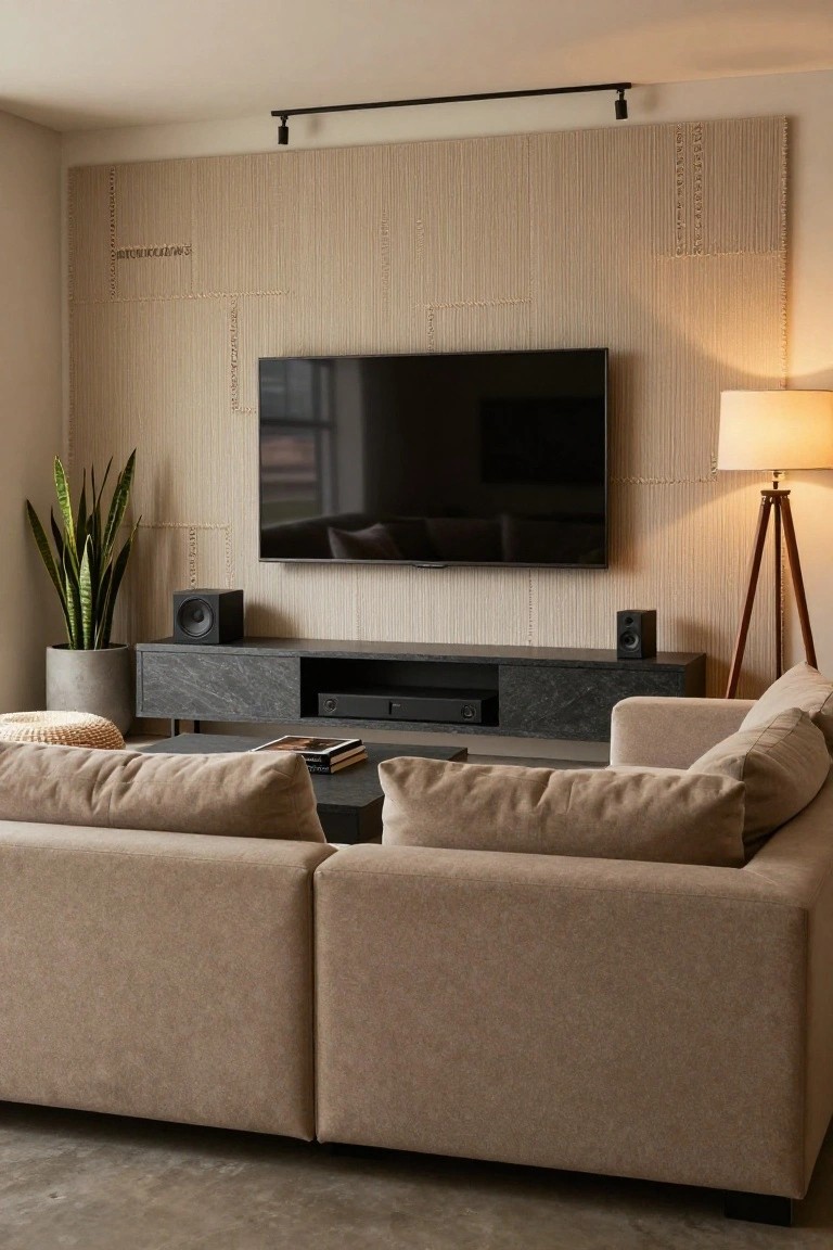 Modern living room with large black TV mounted on beige textured wall panels, black cube speakers on each side, dark stone media console below with AV receiver, neutral fabric L-shaped sofa, potted snake plant, tripod floor lamp, and table lamp.