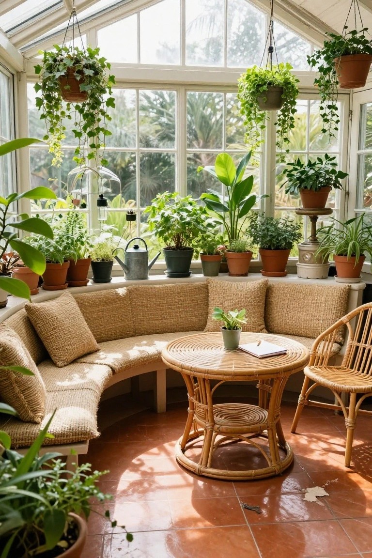 Sunlit conservatory with curved beige banquette seating along bay windows, numerous hanging and potted plants, rattan table and chairs on terracotta tile floor.