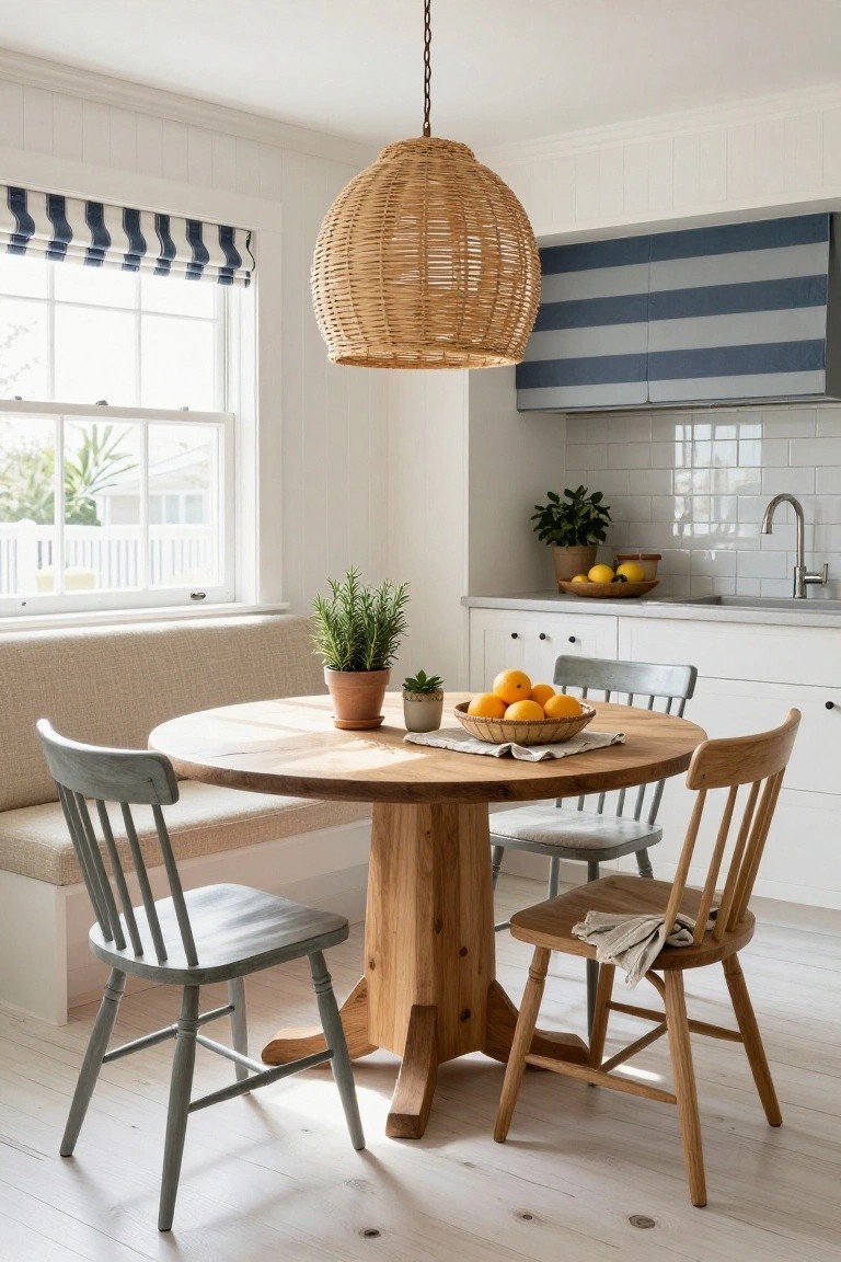 Kitchen bay window nook with beige built-in bench seating along the window, round wooden pedestal table centered with woven basket of oranges, potted plants, two gray ladder-back chairs and two oak chairs around it, rattan pendant light overhead, white cabinets and blue-striped shades nearby.