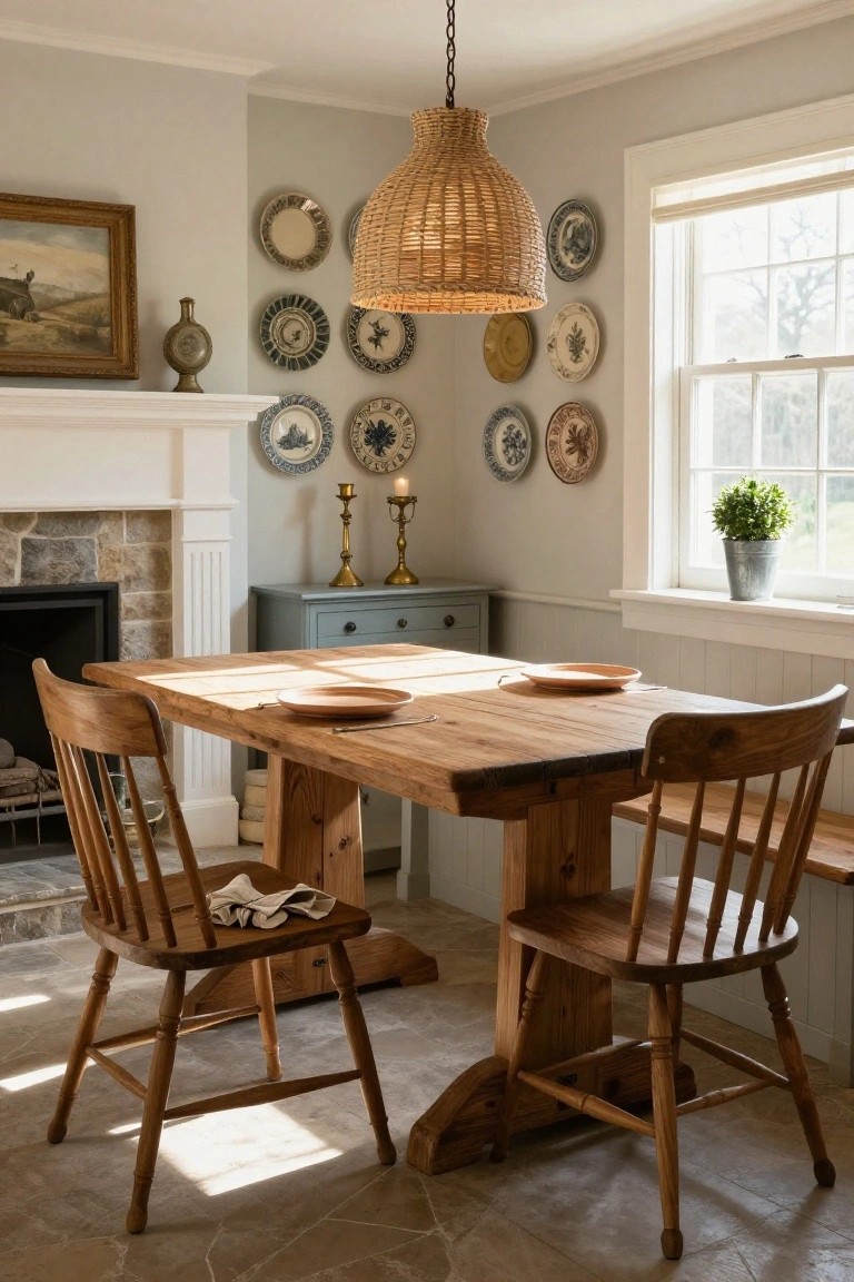 Light-filled kitchen corner with wooden trestle table, bench seating under a multi-pane window, ladderback chairs, decorative plates on gray walls, rattan pendant light, and stone fireplace.