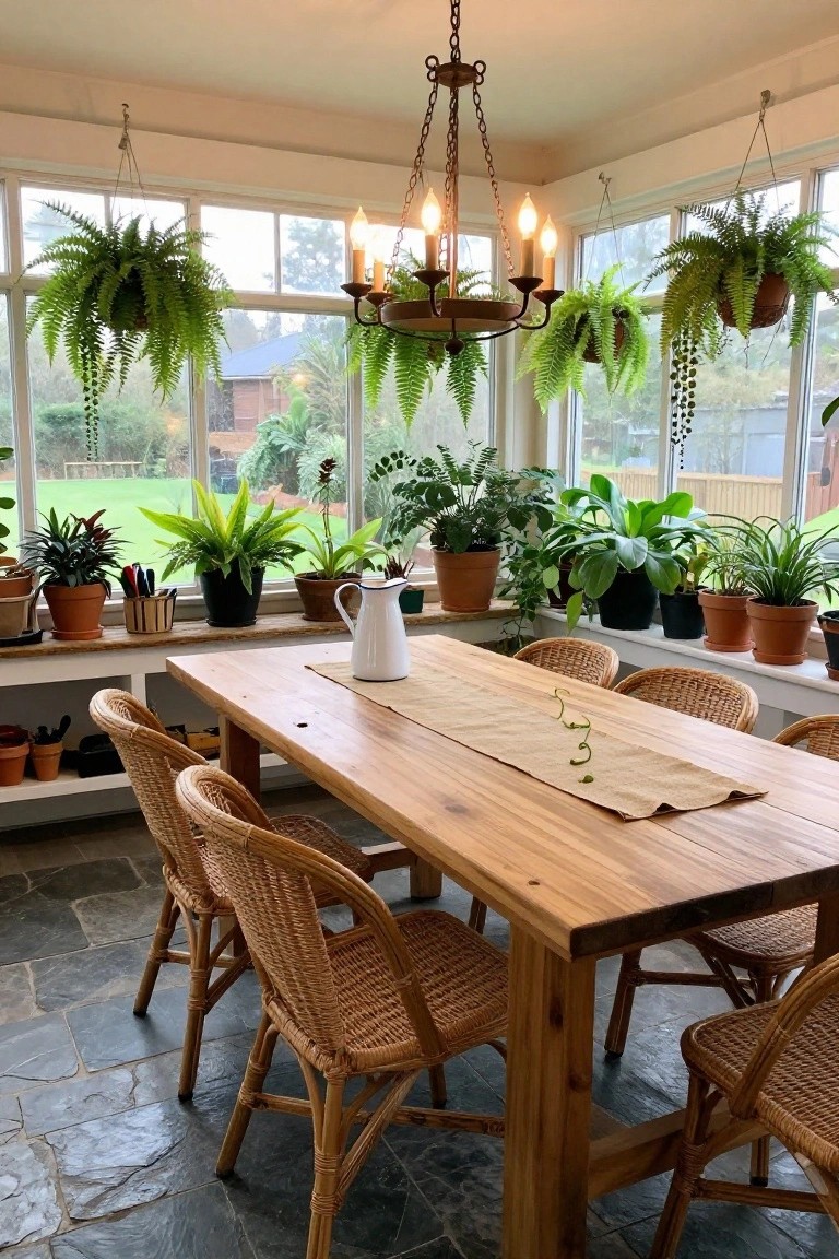 Sunlit bay window room with wooden dining table, rattan chairs, numerous potted plants on shelves and hanging from ceiling and windows, and views of green yard outside.