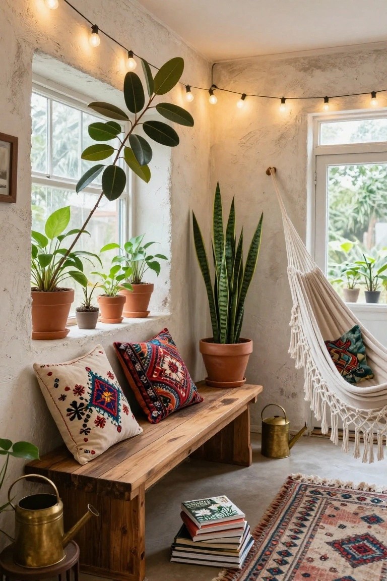 Indoor bay window corner featuring potted plants on windowsills, a white woven hammock with patterned pillows hanging from the ceiling, wooden bench with cushions, brass watering cans, stacked books on the floor, patterned rug, and string lights along the walls.