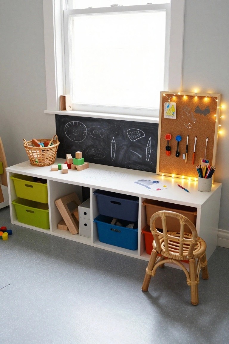 White built-in desk and storage unit under a bay window in a children's room with green and blue bins, wooden blocks, blackboard, lit corkboard, colored pencils, and rattan chair on gray floor.
