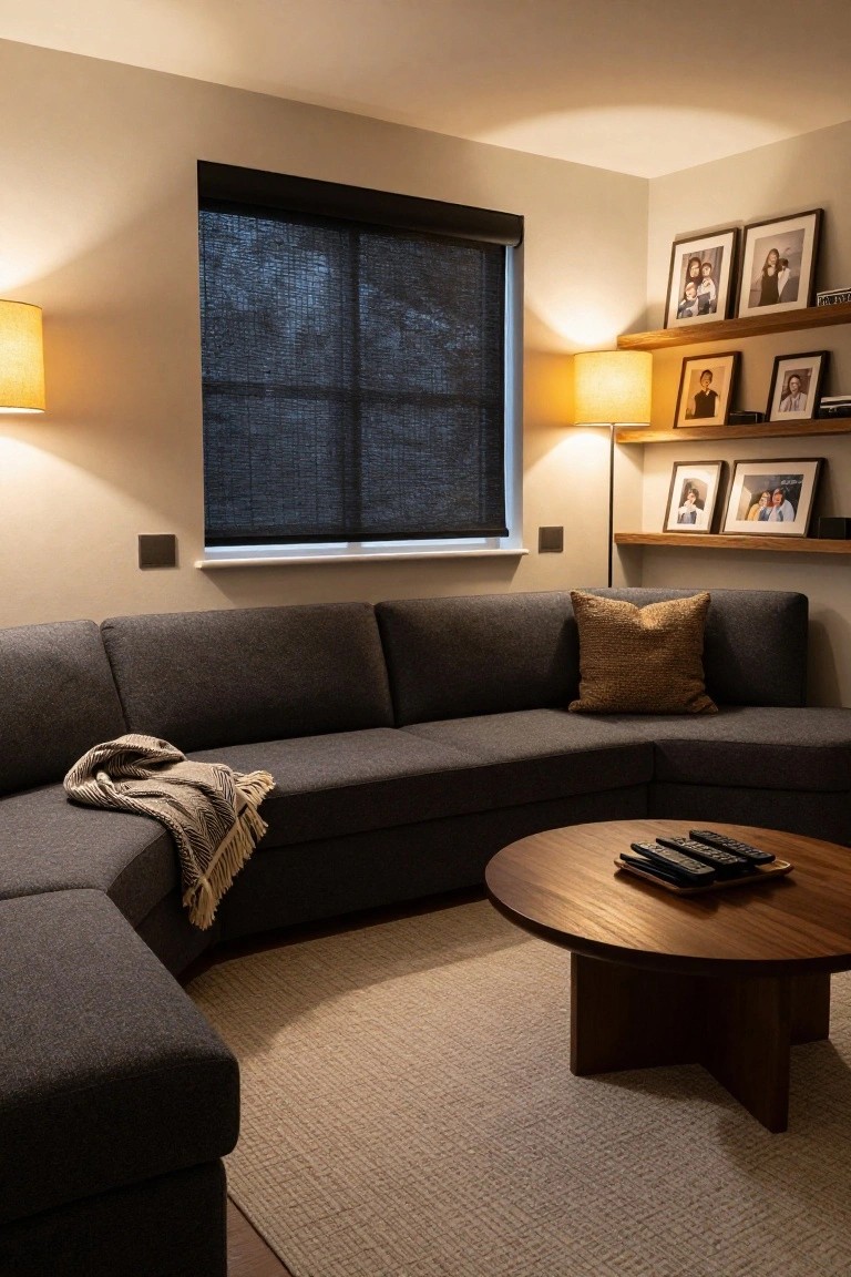 Living room corner with dark gray L-shaped sectional sofa, round wooden coffee table holding remotes, beige throw blanket, wooden shelves displaying family photos, large window with dark woven shade, and warm wall lamps.