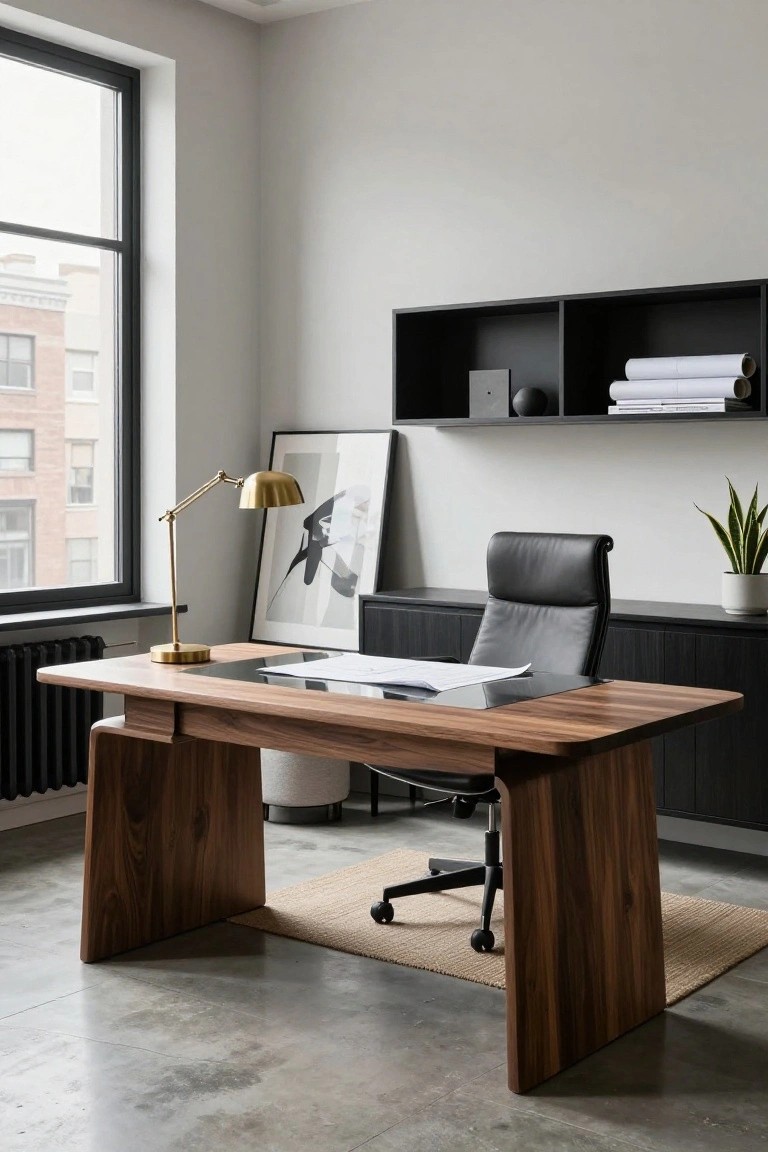 Modern home office interior featuring a walnut desk with splayed legs under a tall black-framed window, black leather office chair, wall shelves with rolled papers, gold desk lamp, and potted plant on black cabinetry.