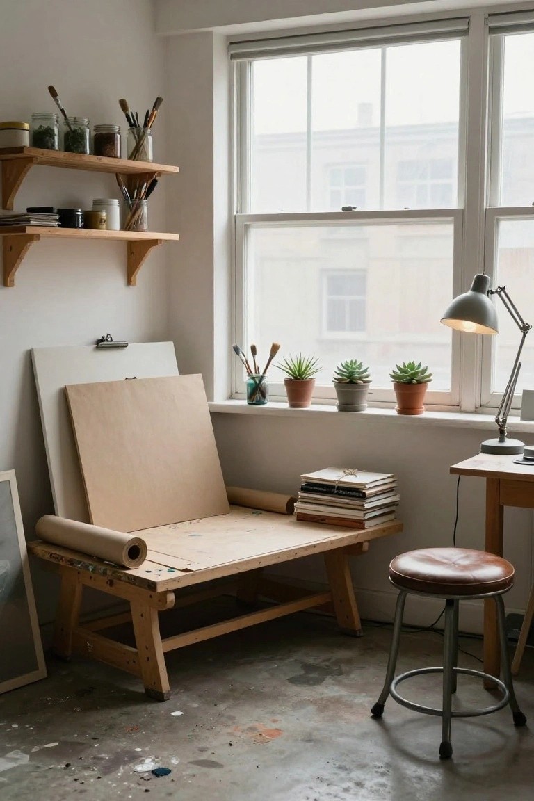 Artist's studio interior featuring wooden shelves with brushes and jars, a large blank canvas on an easel, stacked books on a desk, a swivel stool, and several potted succulents and plants lined up on the wide bay window sill with a desk lamp nearby.