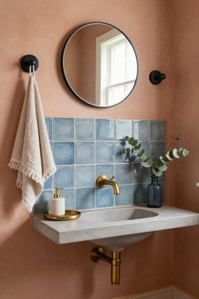 Bathroom vanity nook with floating gray concrete sink, brass faucet, blue square tile backsplash, gold soap dispenser and tray with white candle on counter, blue glass vase of eucalyptus, beige towel on black hook, round black-framed mirror on peach plaster wall, and window visible nearby.