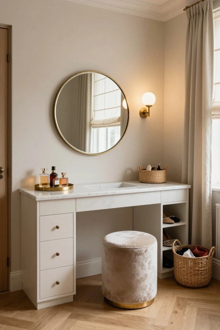 White wooden vanity desk with marble top, gold round mirror, perfume bottles on a tray, pouf stool, shoe shelves, and wicker baskets in a beige room corner next to a window with curtains.