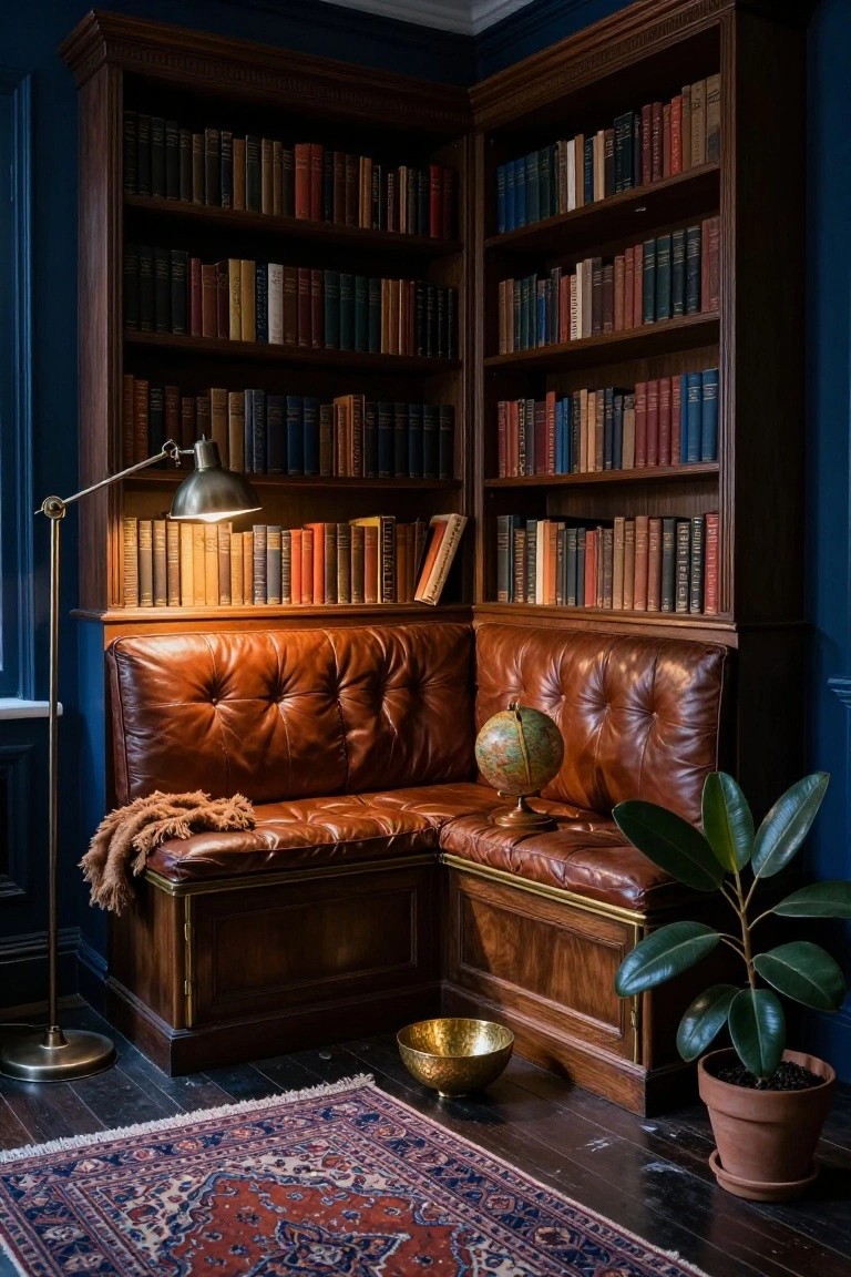 Corner of a blue-walled room with tall wooden bookshelves filled with books, brown tufted leather bench seat with globe and throw blanket, brass floor lamp, potted plant, gold bowl, and Persian rug on wood floor.