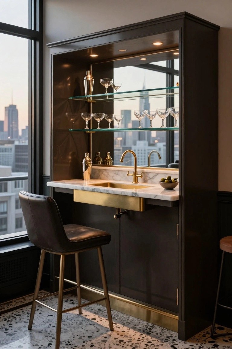 Dark wood built-in bar cabinet with glass shelves holding barware, marble countertop, gold sink, leather stool, and large windows showing city skyline at dusk.
