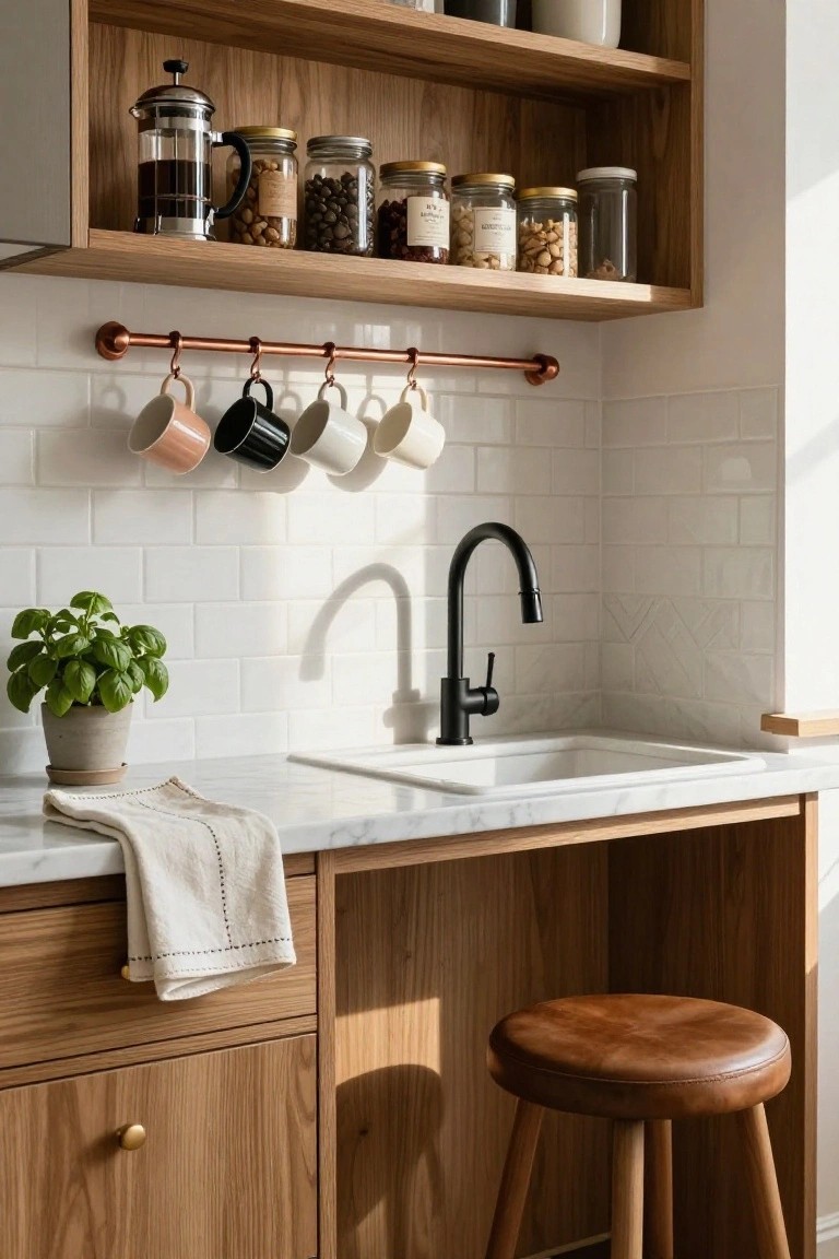 Kitchen sink area with white subway tile backsplash, copper pipe rail hanging four mugs in peach, black, white, and another white, open oak shelves stocked with glass jars of nuts, beans, and other pantry items, black gooseneck faucet, potted basil plant on marble countertop, linen towel draped over counter edge, and wooden stool beside oak cabinet.