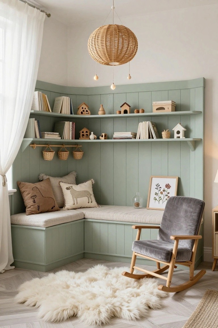 Sage green paneled bay window nook with built-in cushioned bench seat, open wooden shelves holding books and small toys, pillows with animal prints, gray velvet armchair, wooden rocking chair, white shag rug, and sheer curtains.