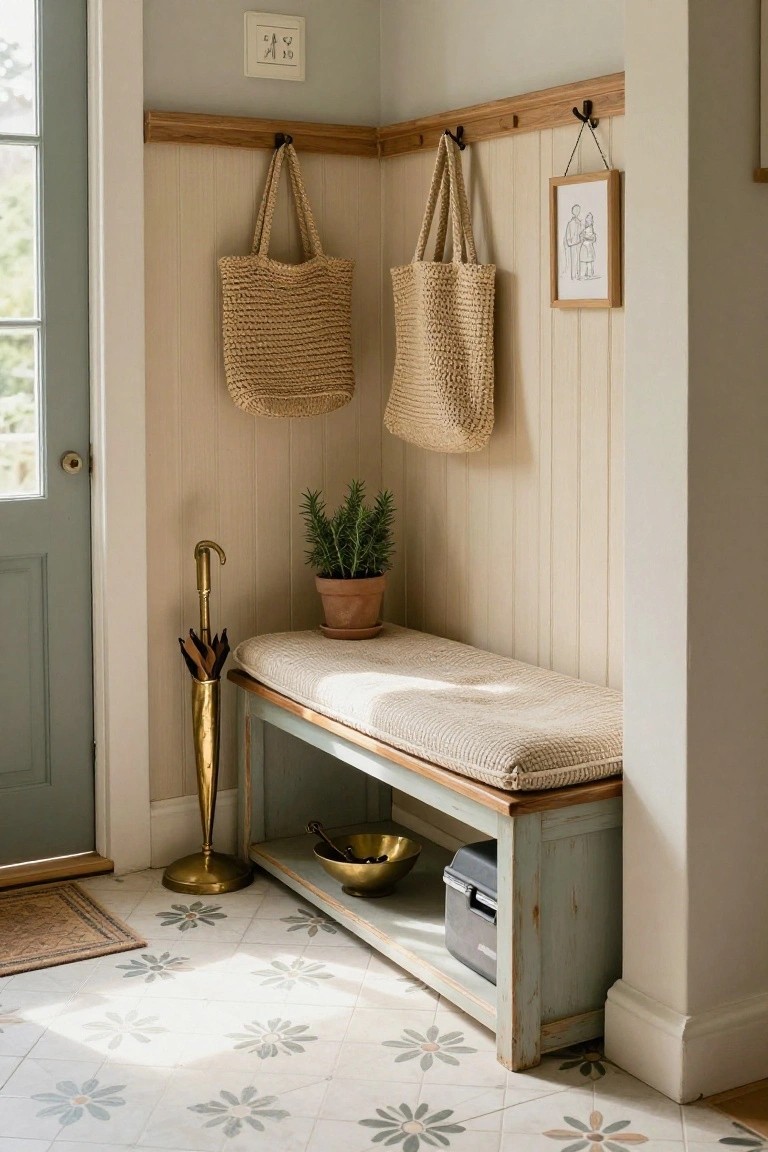 Light entryway corner with oak coat rail and hooks holding two straw tote bags, blue-painted wooden bench with beige quilted cushion and under-shelf holding brass bowl and black bin, gold umbrella stand, potted rosemary plant, and white floor tiles painted with blue daisy flowers next to green front door.