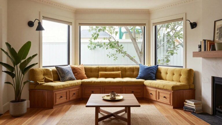 Sunlit bay window interior with L-shaped built-in wooden bench seating cushioned with blue, yellow, and patterned pillows, flanked by bookshelves, a potted plant, adjustable lamps, and a low wooden coffee table on a jute rug.