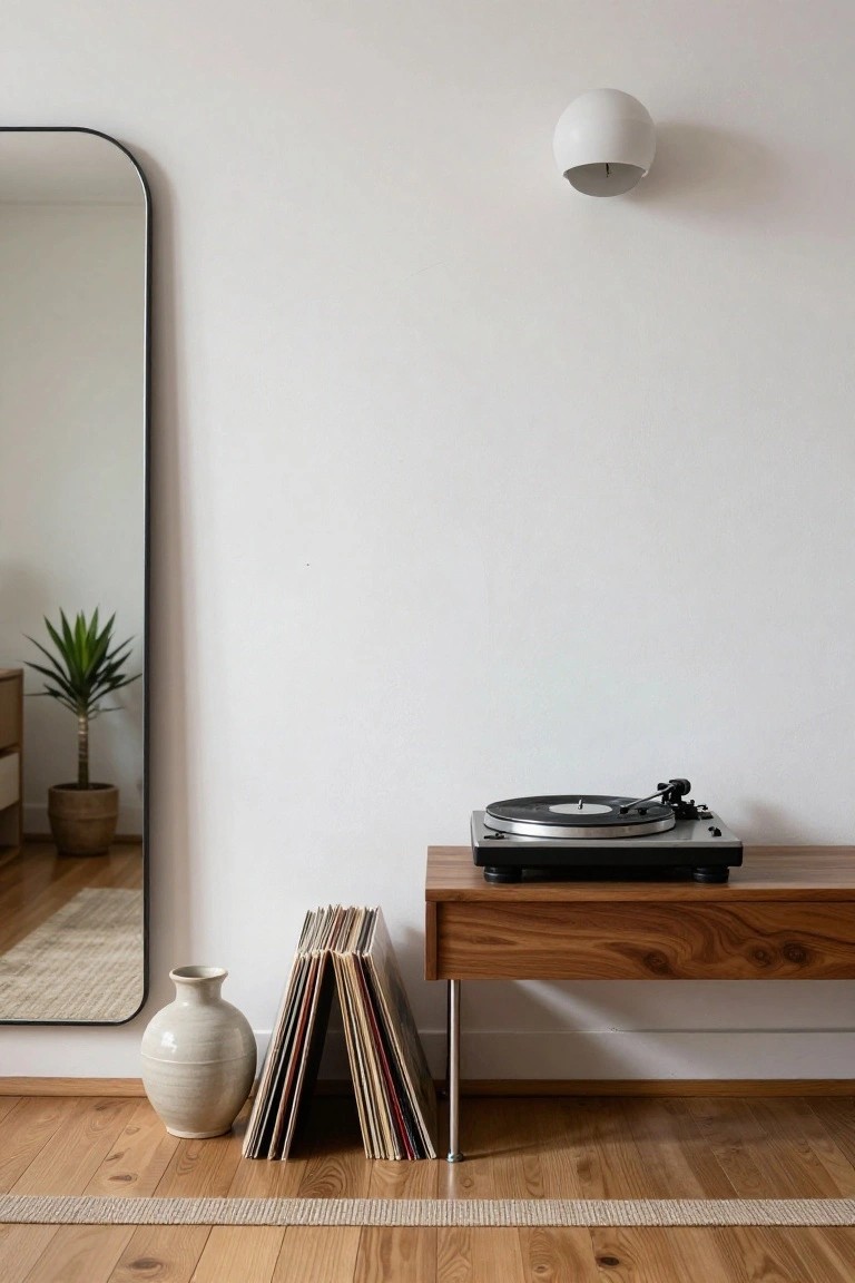 Walnut credenza with splayed legs holding silver turntable and flanked by leaning stacks of vinyl records, next to tall black-framed mirror, potted yucca plant in terracotta pot, and white ceramic vase on wood floor in white room