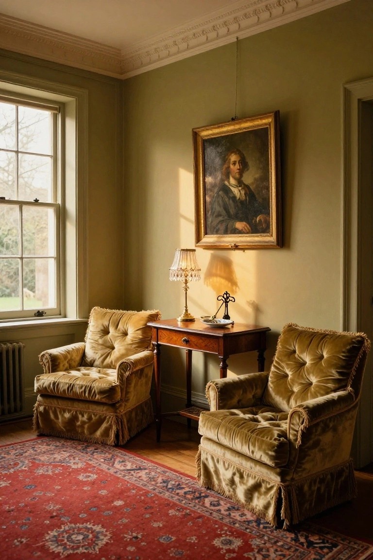 Sage green room corner with two skirted gold tufted armchairs flanking a wooden side table topped with a fringed lamp, beside a large multi-pane window and gilded portrait on the wall.