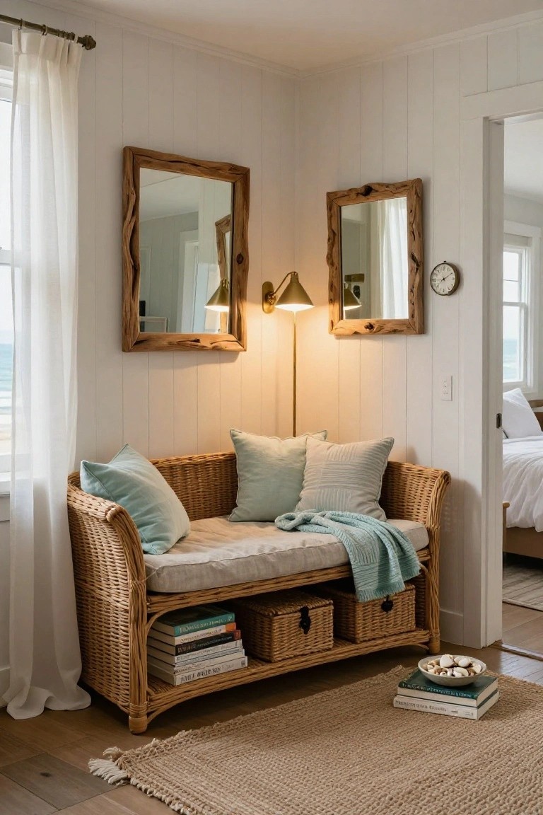 White shiplap-walled room corner featuring a rattan loveseat window seat with aqua pillows and throw, under-seat shelves holding books and baskets, flanked by wooden mirrors, brass lamp, clock, and ocean view through sheer curtains.