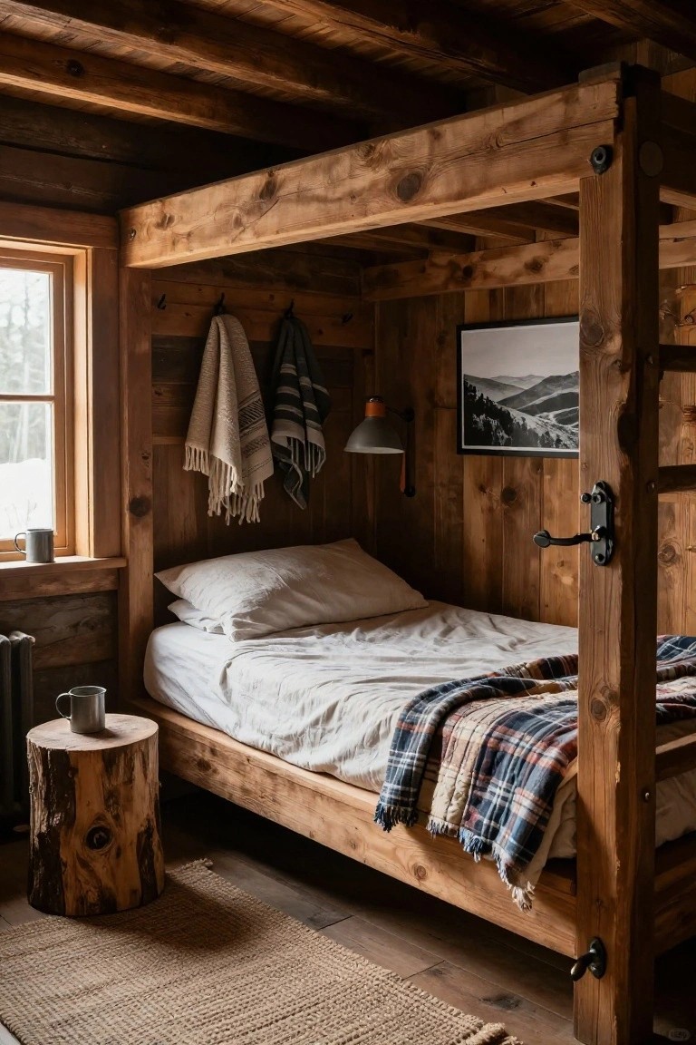Wooden bunk bed in a log cabin bedroom alcove with paneled walls, white sheets and plaid blankets on the bed, hanging towels and gray throw, stump side table with mug, wall lamp, and window showing snowy outdoors.