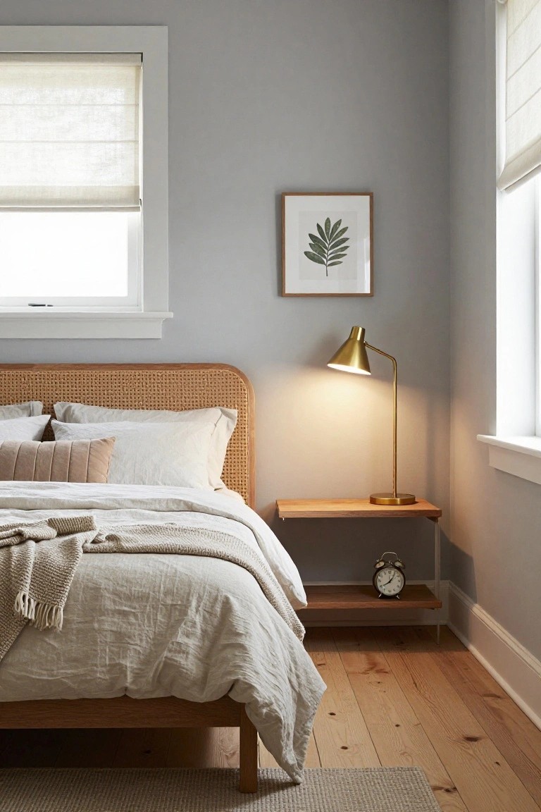 A serene bedroom with a rattan bed, brass lamp, and leaf art.