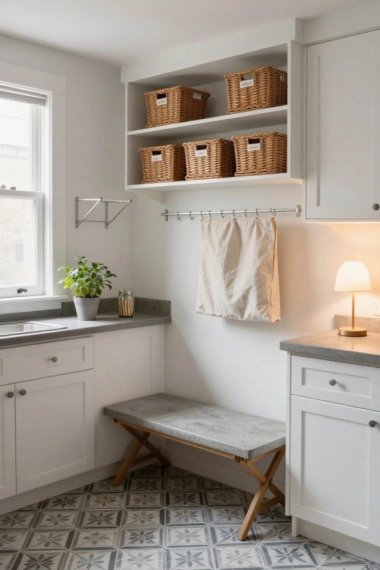 Bright kitchen with wicker baskets, bench, patterned tile, and white cabinets.