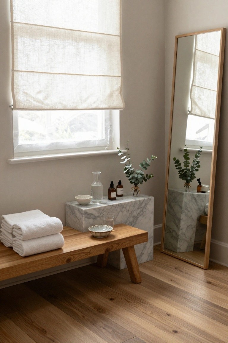 Light beige bathroom corner with sheer linen blinds on a white-framed window, tall oak full-length mirror, marble pedestal holding eucalyptus branches, glass vase, and bottles, wooden bench with stacked white towels, on oak wood floors.
