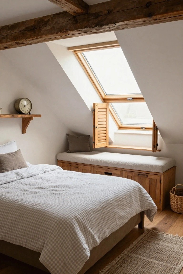 Rustic attic bedroom with white walls, exposed wooden beams, double bed with light checkered duvet and pillows, built-in wooden bench under open slatted shutters on sloped skylight window, wall clock on shelf, basket on floor.