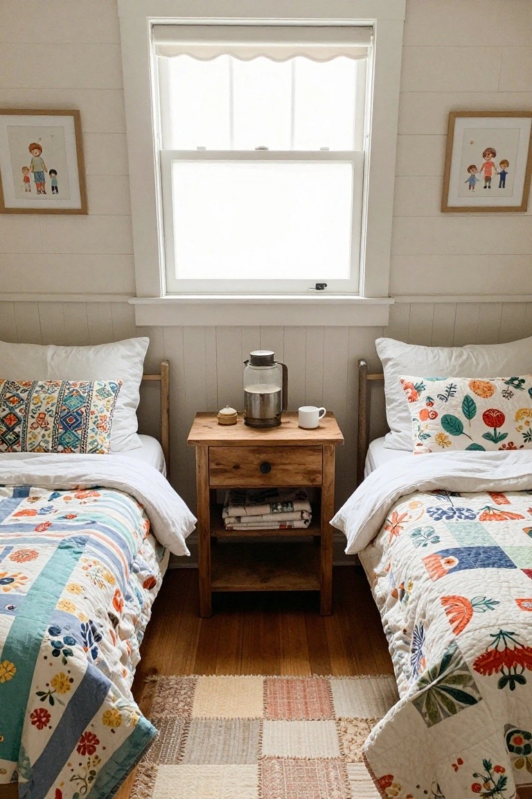 A small rustic bedroom with two adjacent twin beds covered in colorful patchwork quilts, a wooden nightstand positioned between them holding a thermos and mug, beadboard walls, sheer window curtains, and framed children's artwork.