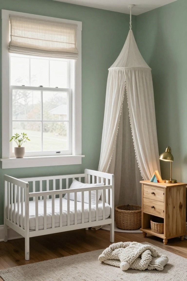 Sage green nursery interior with white crib under conical white sheer canopy, wooden dresser holding gold lamp and wooden toys, window with beige roman shade and potted plant, woven baskets, and knit blanket on wood floor.