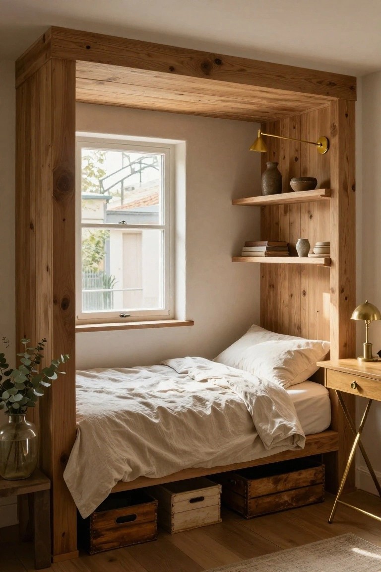 Wooden paneled alcove containing a single bed next to a window, with built-in shelves holding books, ceramics, and potted plants, wooden crates under the bed, and a small desk nearby in a light-filled bedroom.