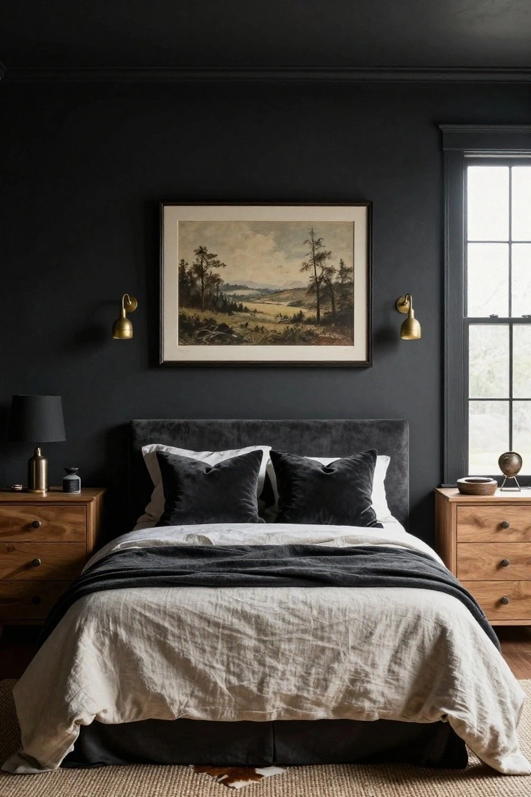 A rustic bedroom with matte dark gray walls, black velvet tufted headboard, white linen bedding layered with gray velvet pillows and throw, matching oak nightstands with brass lamps and black shades, a large framed landscape painting centered above the bed flanked by wall sconces, hardwood floors, and a seagrass rug.