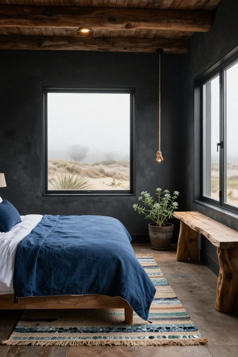 Rustic bedroom with dark textured walls, exposed wooden ceiling beams, wooden platform bed draped in blue linens and white sheets, large black-framed window showing foggy desert landscape with dunes and yucca plants, wooden bench with potted succulent plant, rope pendant light, and striped rug on wood floor.