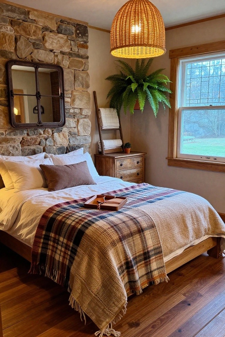 A rustic bedroom with a textured stone accent wall behind a wooden bed covered in white sheets and a plaid blanket, flanked by a wooden dresser, potted plants, a ladder shelf, and a window showing a grassy yard.