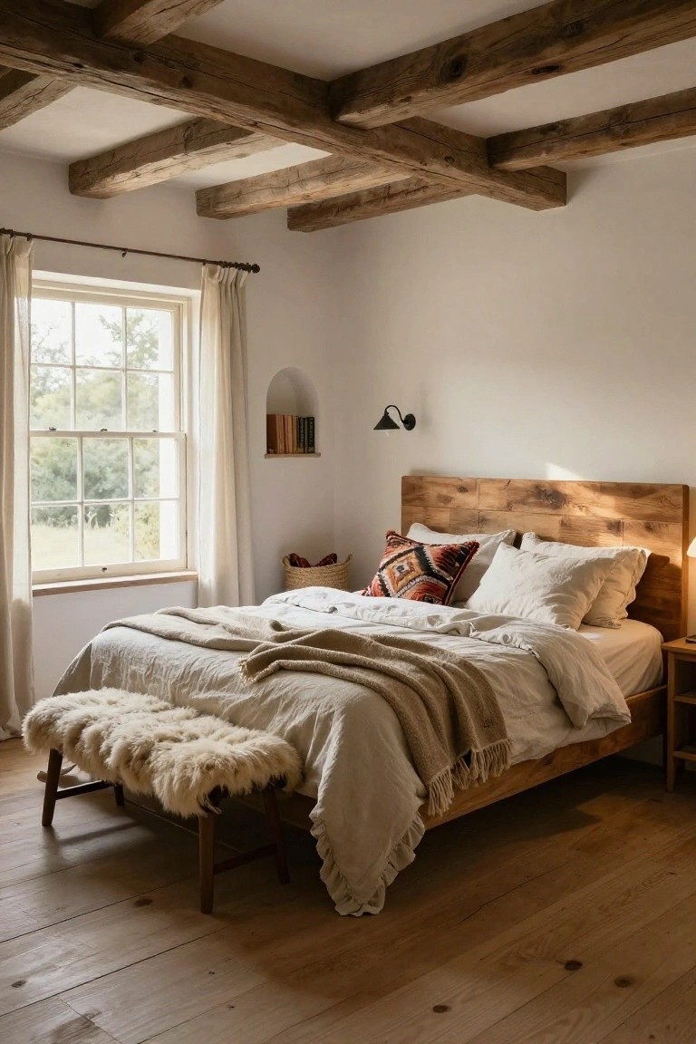 Bedroom with dark exposed wooden beams on white ceiling, wooden bed frame with beige linens and pillows, sheepskin bench, arched wall niche with books, wall sconce, table lamp, and large window with sheer curtains showing trees outside.