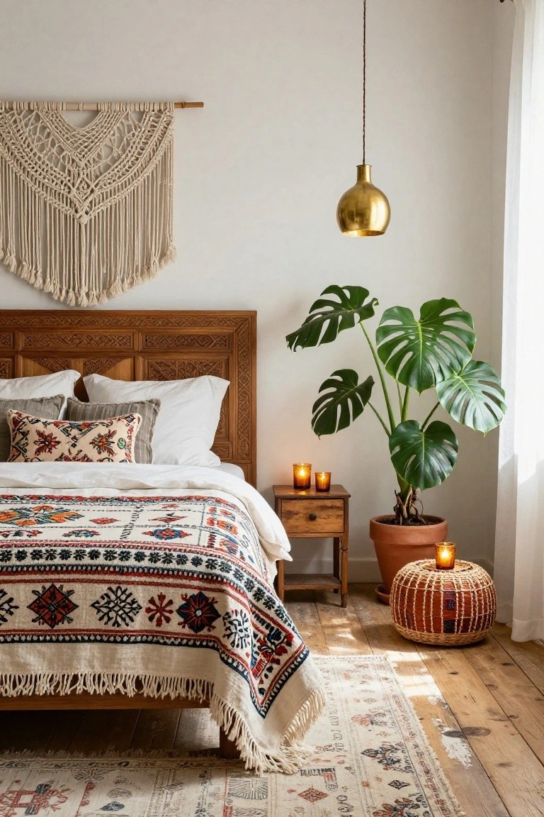 Cozy bedroom with intricately carved wooden headboard, white sheets topped by red and black patterned quilt, assorted pillows, macrame wall hanging, tall monstera plant in terracotta pot beside wooden nightstand with candles, gold pendant light, woven rattan pouf, and light rug on hardwood floor.