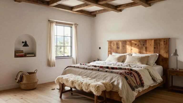 25 Dreamy Rustic Bedroom Interior Design Ideas for Better Rest Bedroom with dark exposed wooden beams on white ceiling, wooden bed frame with beige linens and pillows, sheepskin bench, arched wall niche with books, wall sconce, table lamp, and large window with sheer curtains showing trees outside.