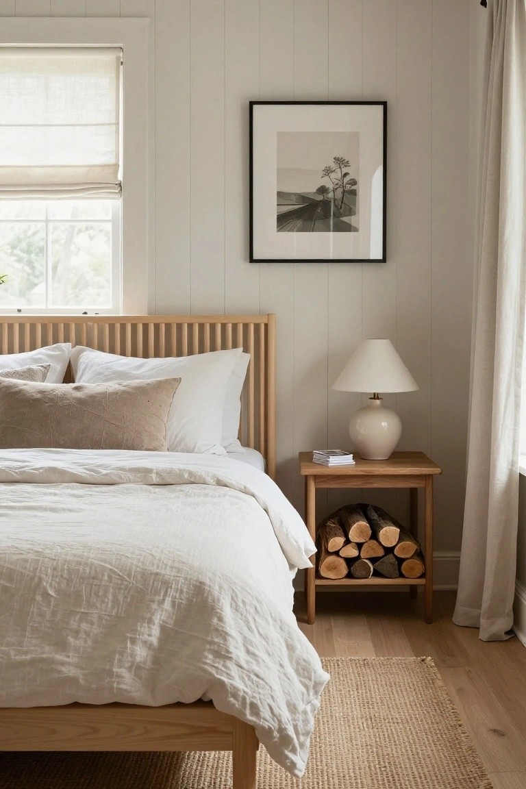 A cozy bedroom with white vertical board-and-batten walls, an oak slatted headboard bed dressed in white and beige linen bedding, a matching oak nightstand topped with books and a white ceramic lamp and holding a stack of firewood underneath, beside long white curtains and a window.