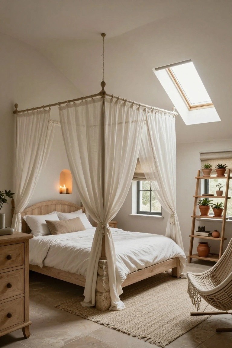 A rustic bedroom with a light wooden canopy bed draped in sheer white curtains, wooden dresser, ladder shelf holding potted plants, candle niche, and woven hammock chair on a beige rug over stone flooring.