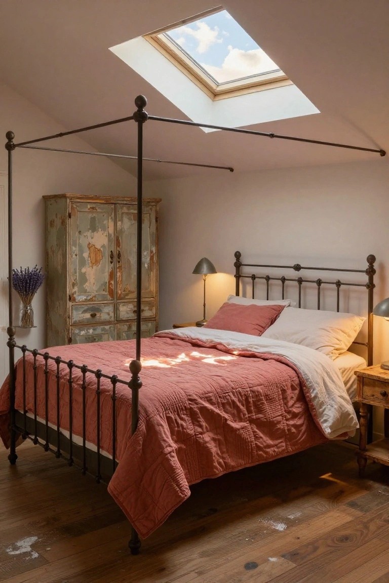 Bedroom with black iron canopy bed covered in coral quilt and white sheets, next to distressed turquoise wardrobe with lavender bouquet, two bedside lamps, wooden nightstand, skylight in sloped white ceiling, and hardwood floor.
