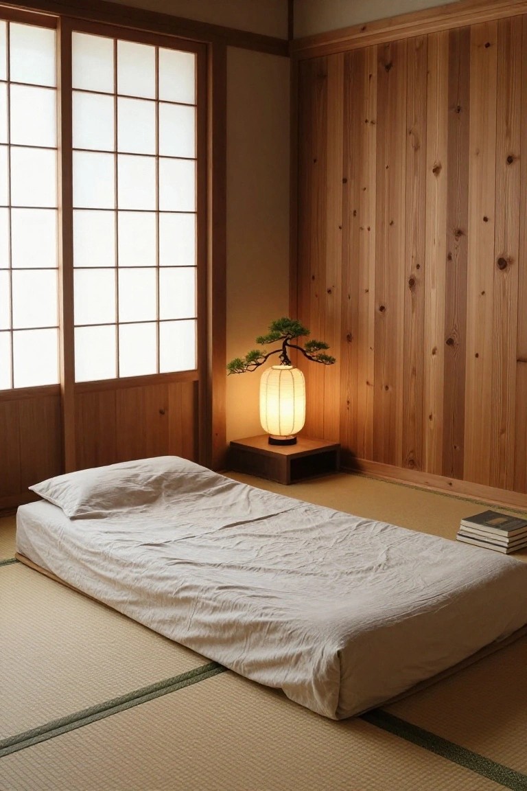 A minimalist bedroom interior with tatami mat flooring, a low white futon bed, wooden paneled walls, shoji screen windows, and a lit bonsai tree on a lamp beside stacked books.