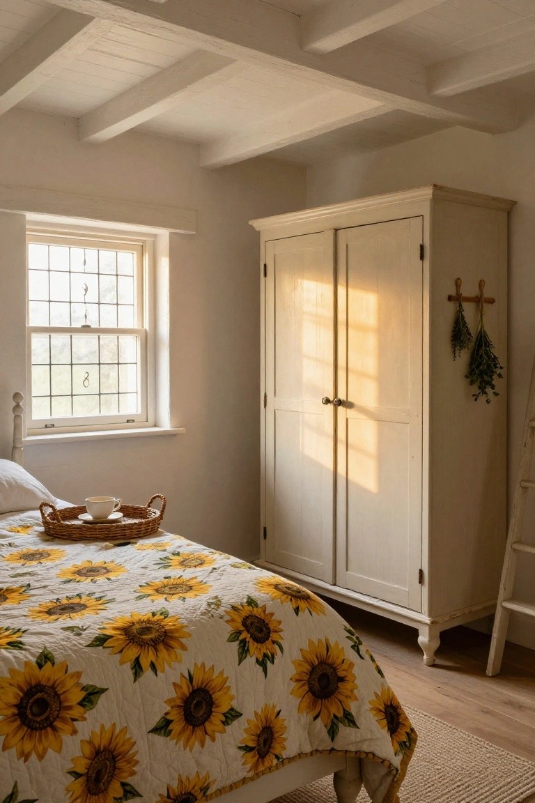 Cozy bedroom interior with white exposed beam ceiling, tall white wooden armoire with two doors, bed covered in yellow sunflower quilt and pillows, wicker tray with teacup on bed, grid-pane window, hanging dried herbs on wall, and wooden ladder nearby.