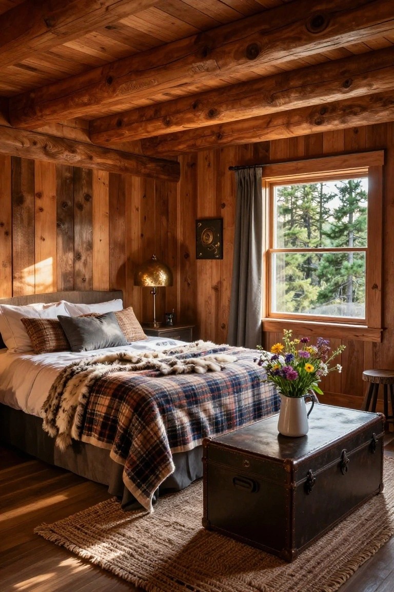 Bedroom with vertical wood-plank walls and exposed beam ceiling, bed dressed in white sheets plaid blanket and fur throw, brass lamp on nightstand, vintage trunk bench with flowers and milk jug, jute rug, and window showing pine trees.