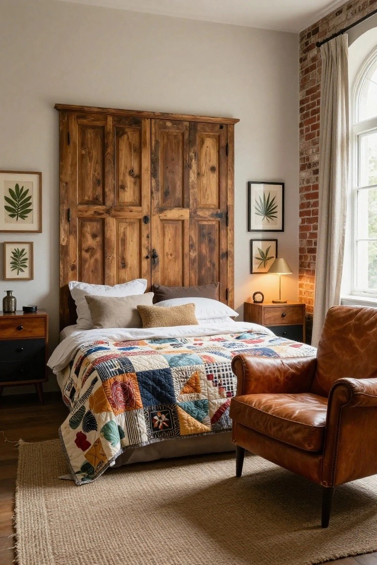 Bedroom with tall dark wooden paneled headboard resembling barn doors, white bed with colorful patchwork quilt, nightstands, leather armchair, exposed brick wall, and arched window with curtains.