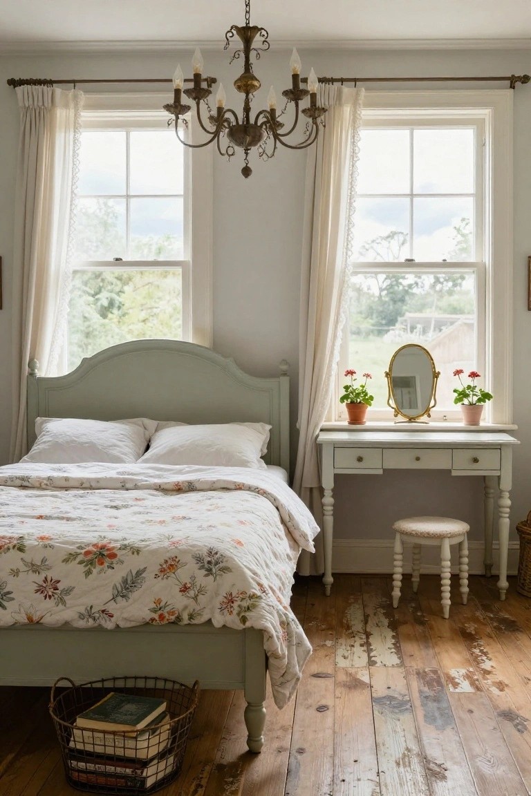 Rustic bedroom with pale green upholstered headboard on bed covered in white sheets and floral quilt, white vanity table with oval mirror flanked by potted plants, sheer curtains on large windows, brass chandelier overhead, and aged wood floors.