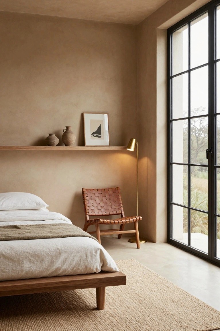 Bedroom interior with smooth beige textured walls, low wooden platform bed with white linens and green throw, braided orange leather chair, wooden shelf with terracotta pots and framed art, gold floor lamp, seagrass rug, and black-framed sliding doors overlooking grassy landscape.