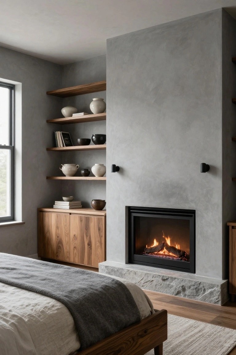 Bedroom interior with a lit fireplace set into a tall gray textured plaster wall, flanked by floating wooden shelves holding pottery and books, wooden cabinets below, a low stone hearth, wooden bed frame with gray throw, hardwood floor, and window on the side.