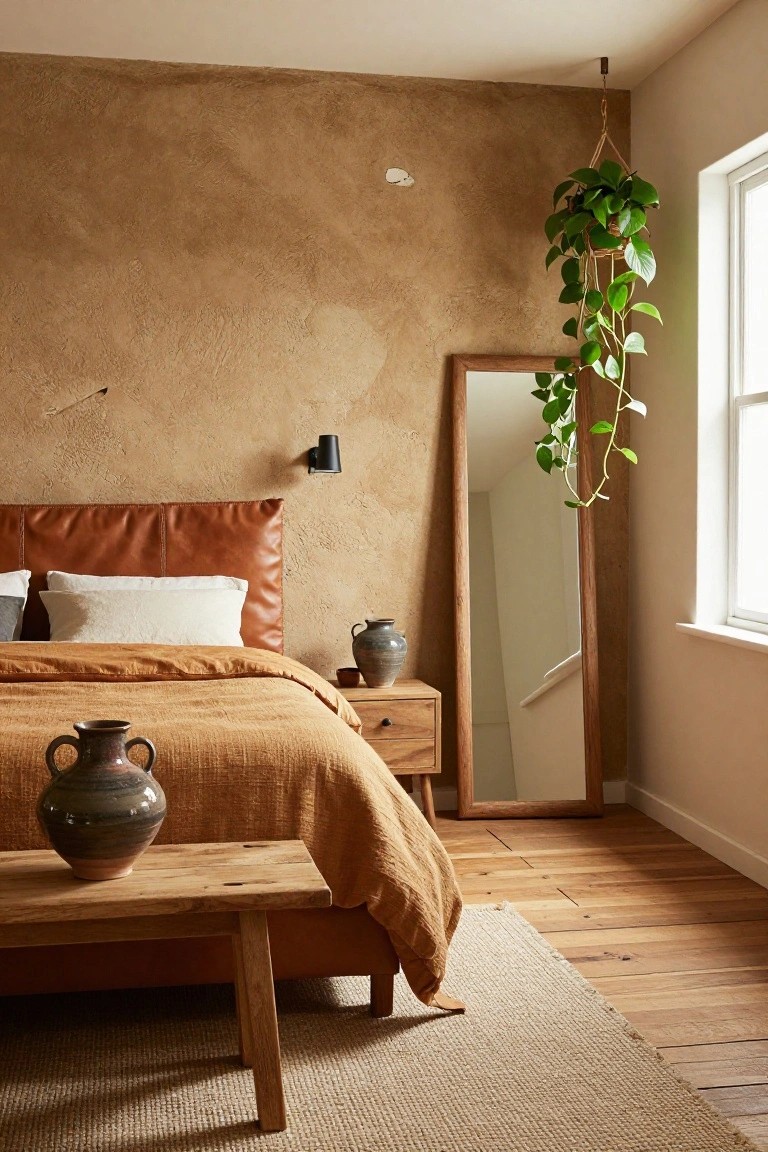 Rustic bedroom with ochre textured plaster walls, brown leather headboard on bed with beige pillows and terracotta quilt, wooden bench at foot holding terracotta vase, wooden nightstand with pottery, hanging green plant, full-length wooden mirror, and wood plank floors.