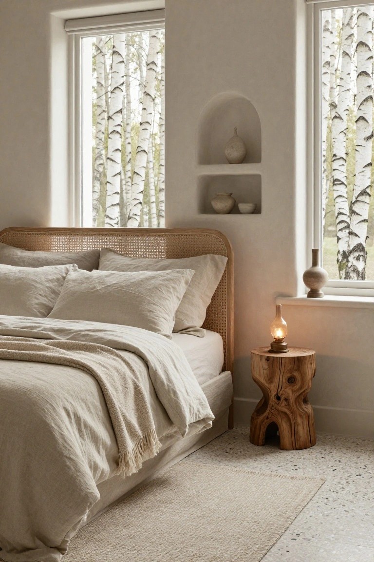 Bedroom interior with rattan headboard bed dressed in white linen sheets and pillows, tree stump nightstand holding a glass oil lamp, ceramic vases on wall niche, and two large windows with birch tree views.