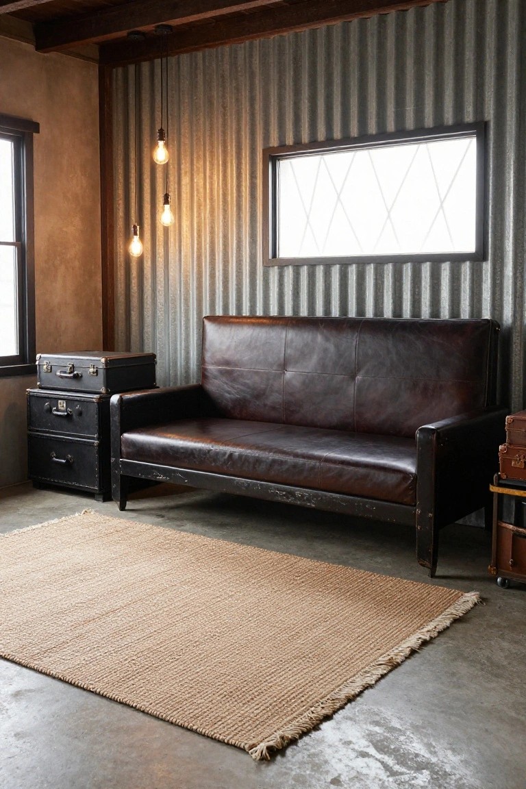 Rustic interior room with brown leather sofa bed on seagrass rug, black vintage suitcases and trunk used as side tables, corrugated metal accent wall, wooden ceiling beams, pendant lights, and small window.
